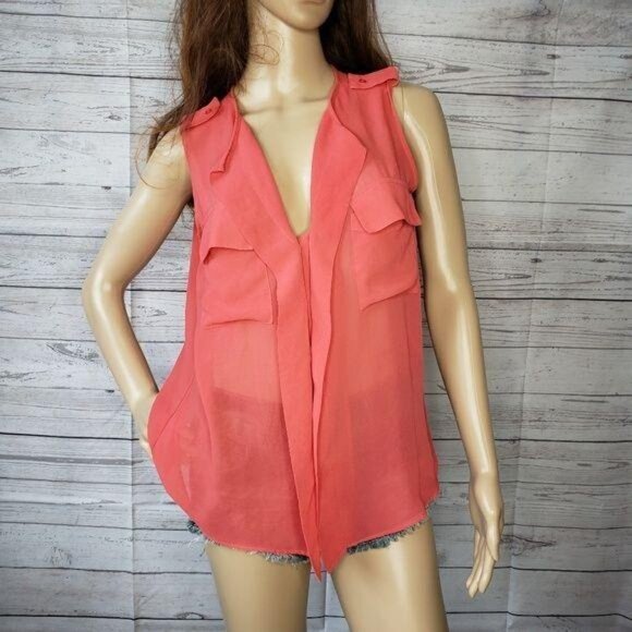 Cotton On Sleeveless Sheer Coral Blouse With Pockets tie up wear down pool sz S - Picture 5 of 10